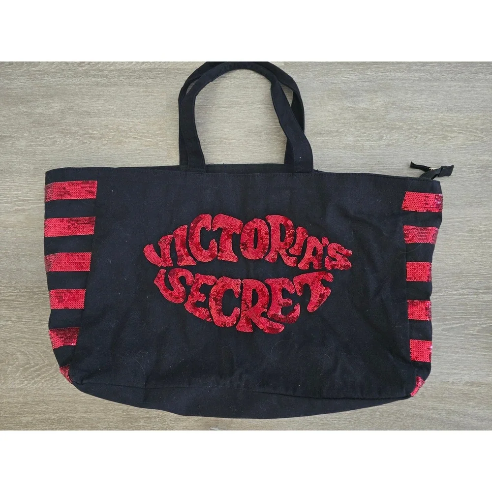 Victorias Secret Black Canvas Tote Bag Red Sequin Lips Logo Striped Zipper Large